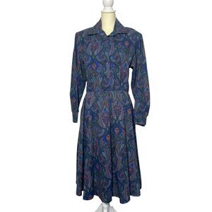 Women's Vintage Bedford Fair Long Sleeve Button Front Paisley Midi Dress